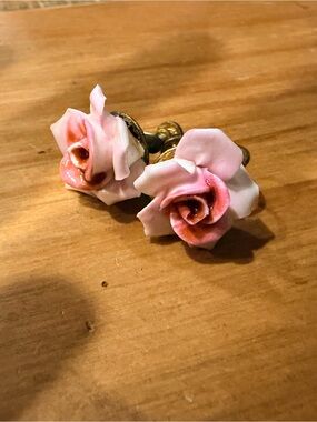 Vintage Denton English Bone China Porcelain Pink Rose screw back Earrings